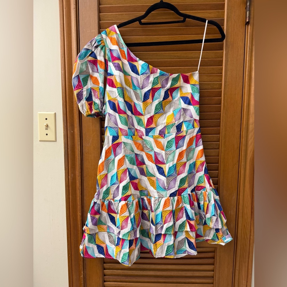 Willa Story Embroidered One Shoulder Ruffle Mini Dress — Size Small